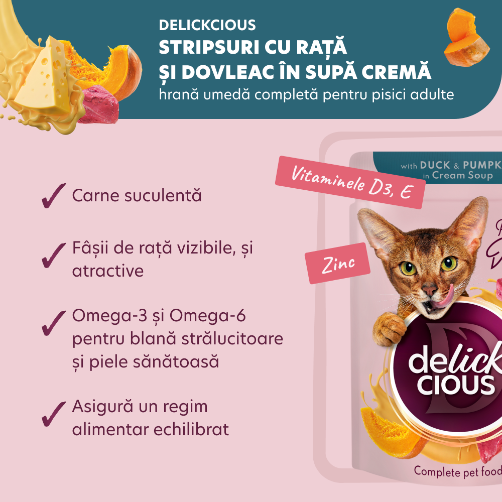 DELICKCIOUS Plic pisici Stripsuri Rata si dovleac in supa crema. Set 12x85g [2]
