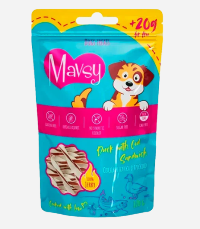 Recompense - MAVSY Recompense caini Jerky Sandwich cu Rata si Cod 120g