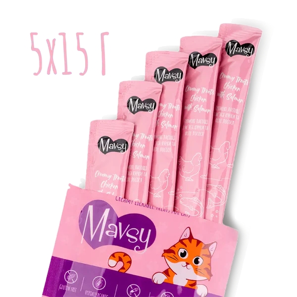 MAVSY Recompense pisici crema Pui si Somon (5x15g) [1]