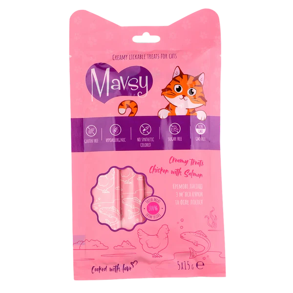 Recompense - MAVSY Recompense pisici crema Pui si Somon (5x15g)