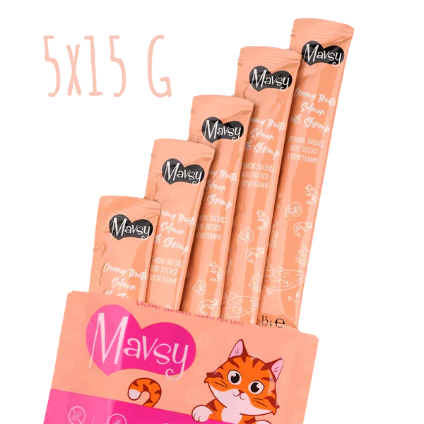 MAVSY Recompense pisici crema Somon si Creveti (5x15g) [2]