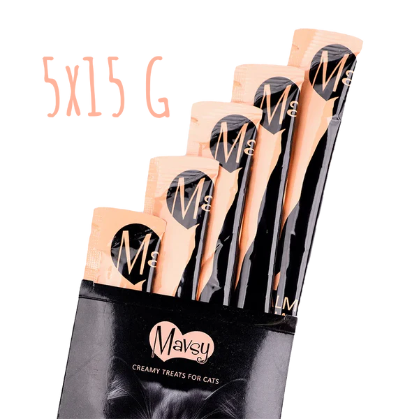 MAVSY Recompense pisici crema Somon, Ton si catnip (5x15g) [1]
