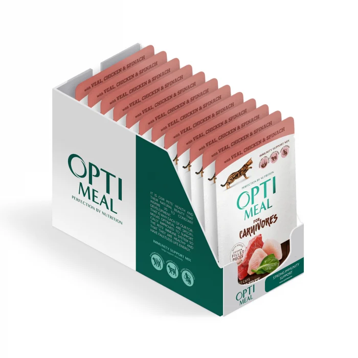 OPTIMEAL Grain free, Plic hrana umeda fara cereale pisici adulte, Vita, pui si spanac in sos, Set 12x85g [1]