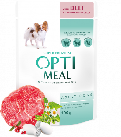 Plic - OPTIMEAL Plic hrana umeda caini adulti, Vita si merisoare in jeleu, Set 12x100g