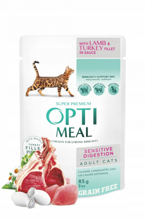 Hrana umeda - OPTIMEAL Sensitive, Plic hrana umeda pisici adulte cu digestie sensibila, Miel si curcan in sos, Set 12x85g
