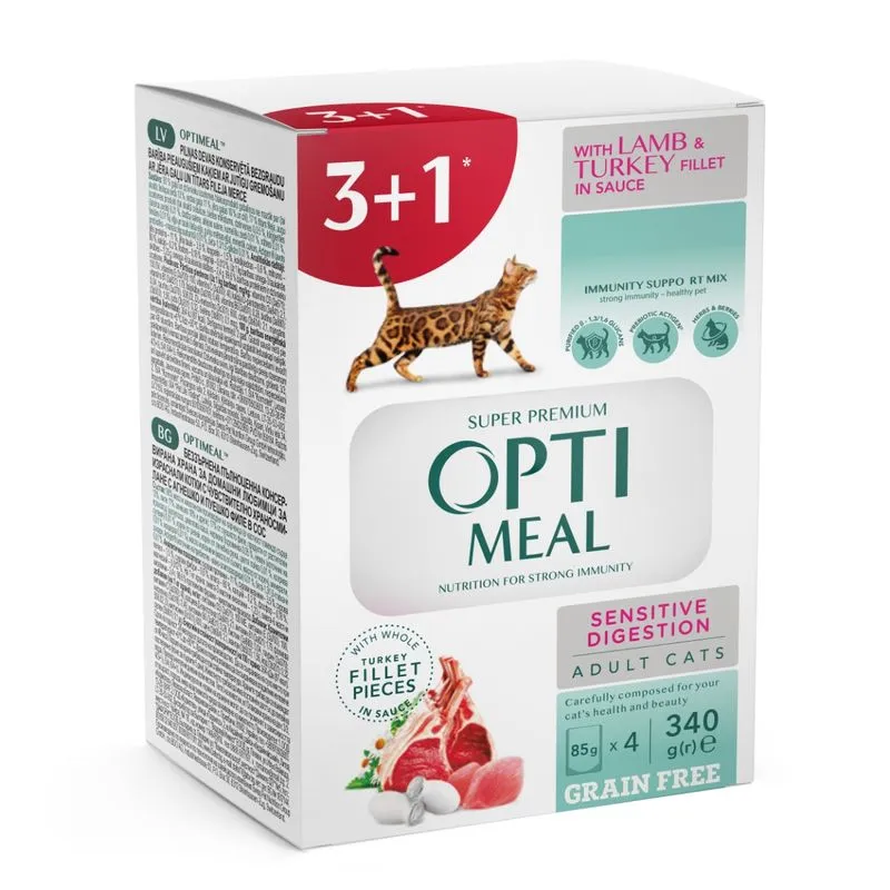 OPTIMEAL Sensitive, Set 3+1 Plicuri hrana umeda pentru pisici adulte cu digestie sensibila, Miel si curcan in sos, 4x85g [0]