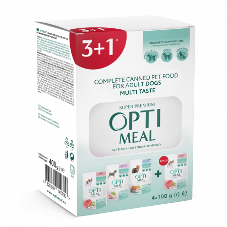 Hrana umeda - OPTIMEAL Set 3+1 Plicuri hrana umeda pentru caini adulti, MIX, 4x100g