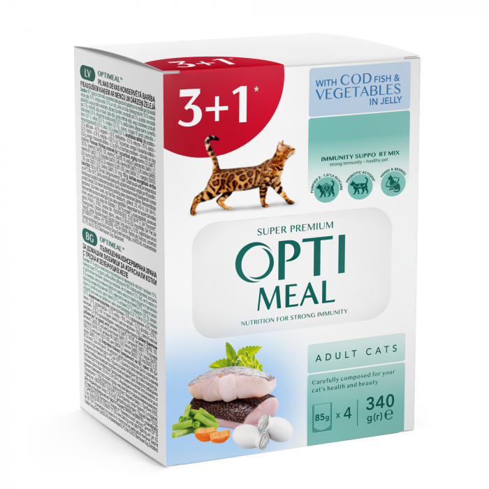 Hrana umeda - OPTIMEAL Set 3+1 Plicuri hrana umeda pisici adulte, Cod si legume in jeleu, 4x85g