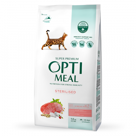 Hrana uscata - OPTIMEAL Sterilised, Hrana uscata pentru pisici sterilizate, Vita si sorg, 1.5kg