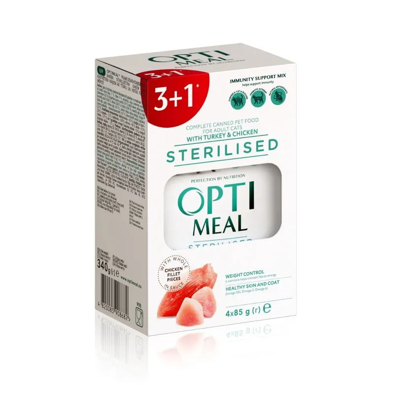 Hrana umeda - OPTIMEAL Sterilised, Set 3+1 Plicuri hrana umeda pentru pisici adulte sterilizate, Curcan si pui in sos, 4x85g