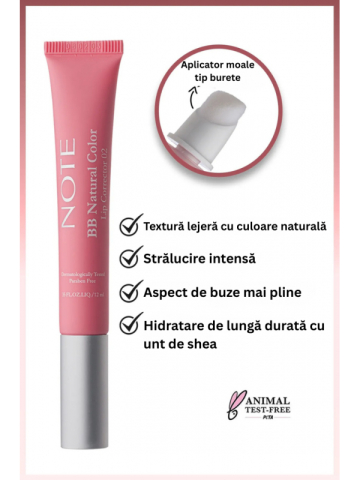 Buze - Note BB Lip Corrector 02 – Luciu de buze hidratant cu pigment roz natural – Corector pentru buze cu aplicator cushion – 12 ml