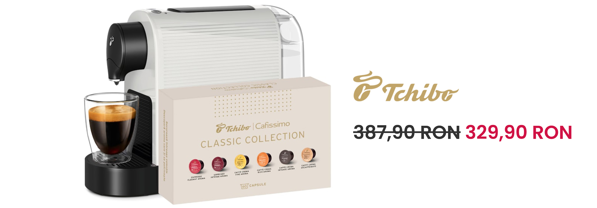 Pachet Tchibo Cafissimo - Espressor Pure Plus White + Set Capsule Classic Collection, 60 capsule