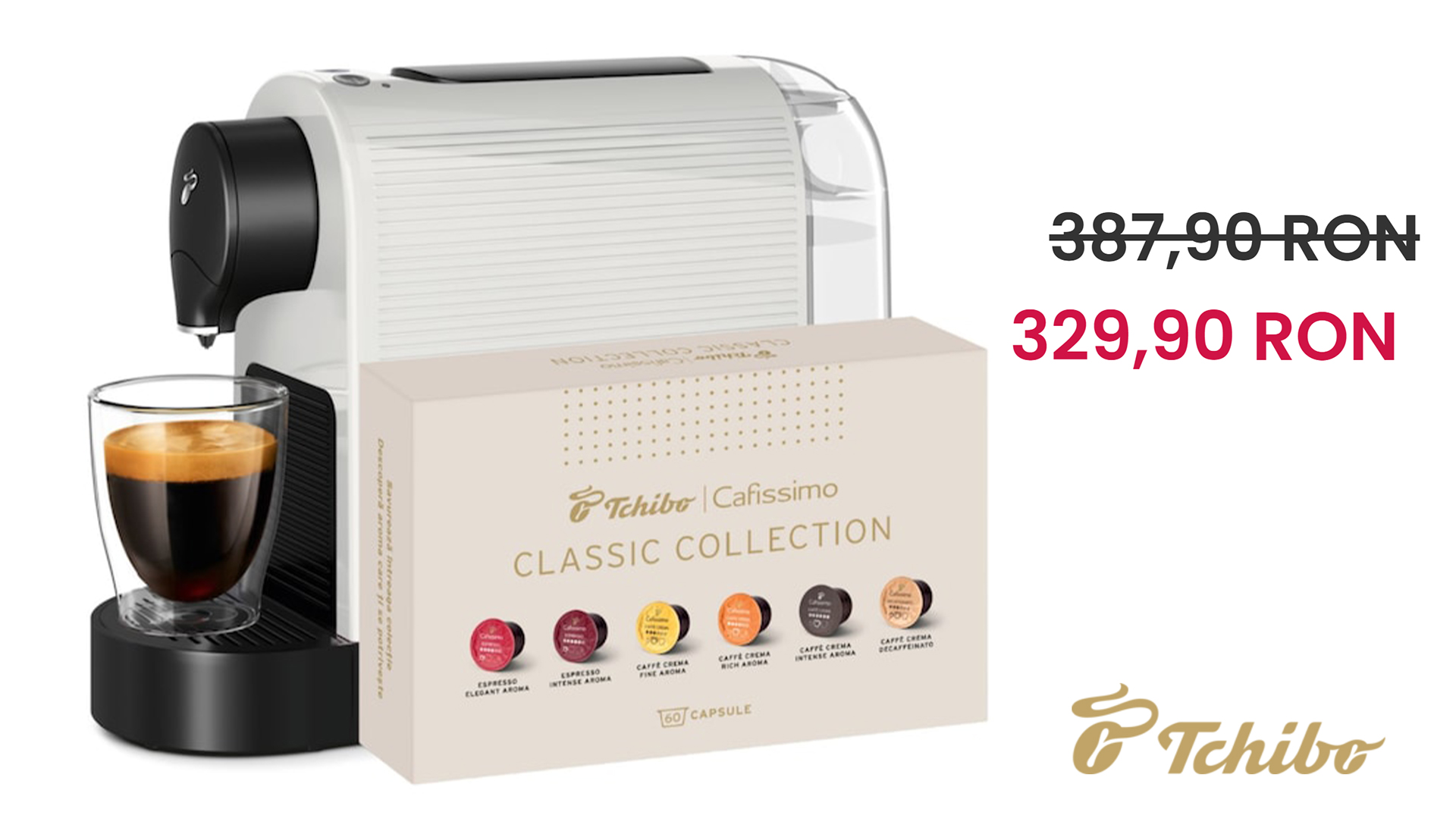 Pachet Tchibo Cafissimo - Espressor Pure Plus White + Set Capsule Classic Collection, 60 capsule