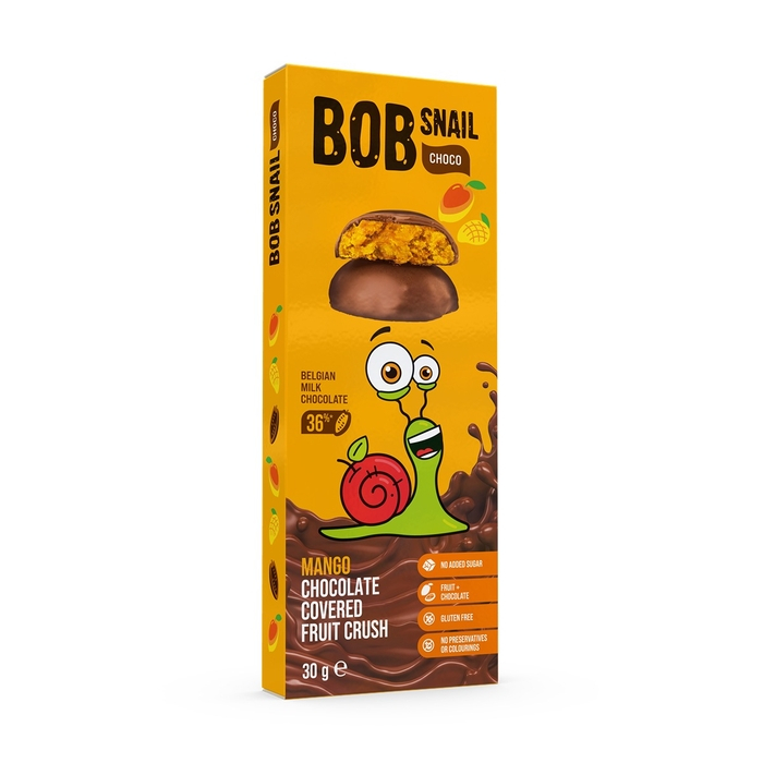 Eco snack, gustare naturala din fructe cu mango, trasa in ciocolata cu lapte, BOB SNAIL Fruit Crush, 30 g [1]