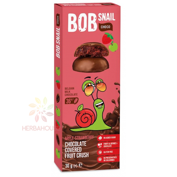 Eco snack, gustare naturala din fructe trasa in ciocolata cu lapte, BOB SNAIL Fruit Crush - mere si capsune, 30 g [1]