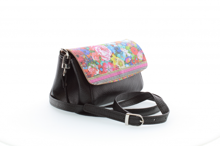 Poșetă din piele naturală cu print digital, M20 mini_Black flower1 [2]