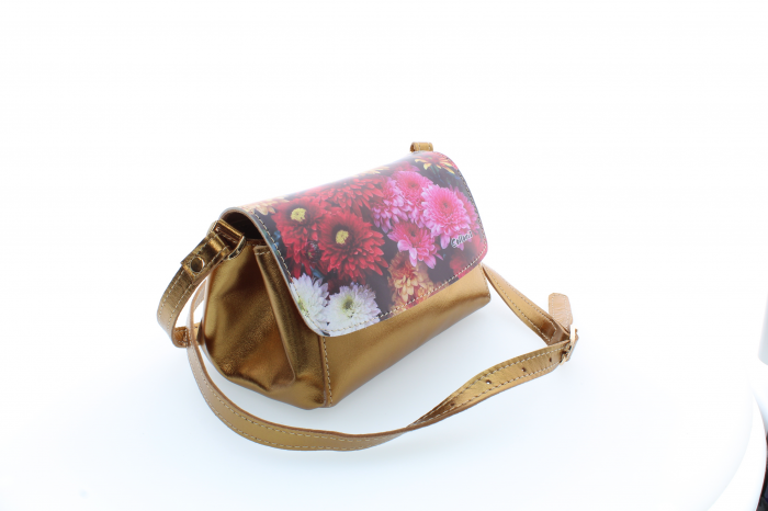 Poșetă din piele naturală cu print digital, M20 mini gold flori1 [2]