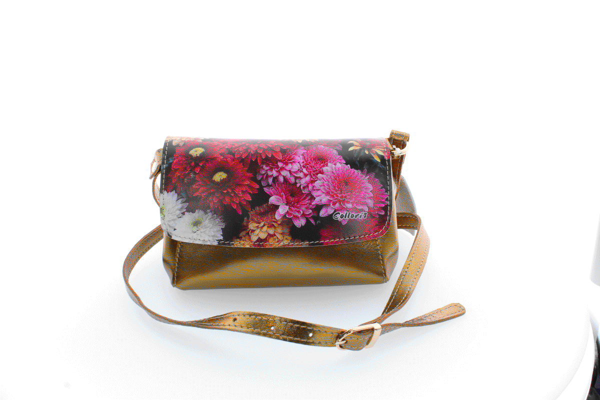 Poșetă din piele naturală cu print digital, M20 mini gold flori1 [5]