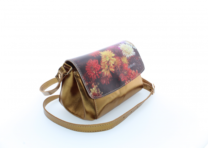 Poseta din piele naturala cu print digital, M20 mini gold flori2 [2]