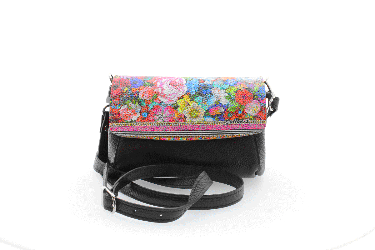 Poșetă din piele naturală cu print digital, M20 mini_Black flower1 [4]