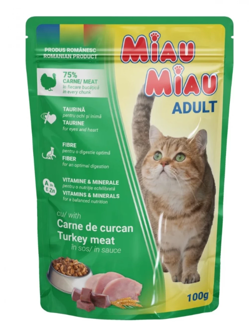 Hrana umeda pisici - Miau Miau, Curcan in sos, Hrana umeda pentru pisici adulte, 100g