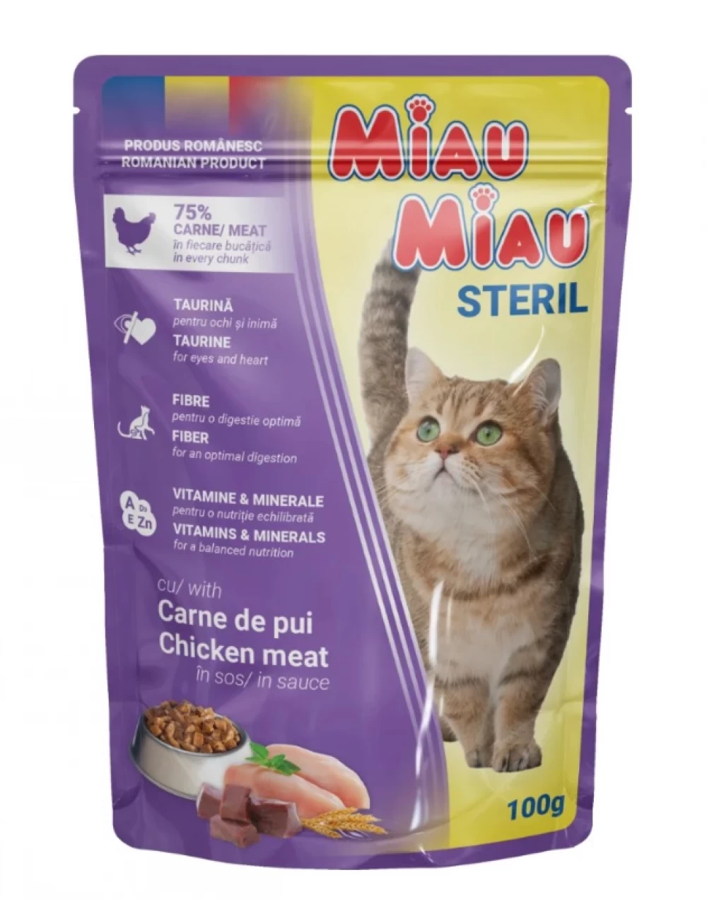 Pisica adulta - Miau Miau, Hrana umeda pentru pisici sterilizate, 100g