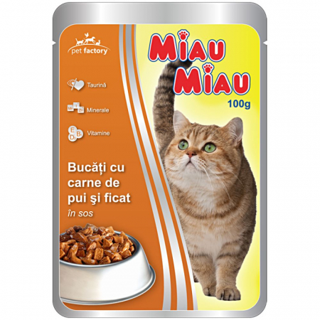 Pisica adulta - Miau Miau, Pui si Ficat in sos, Hrana umeda pentru pisici adulte, 100g