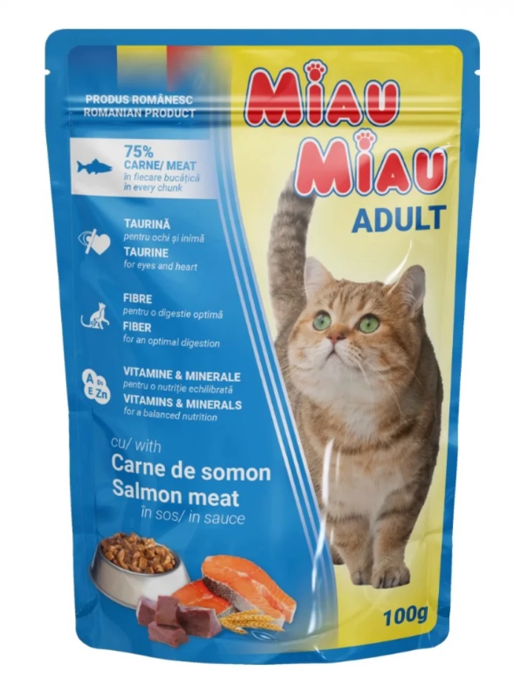 PISICI - Miau Miau, Somon in sos, Hrana umeda pentru pisici adulte, 100g