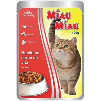 Pisica adulta - Miau Miau, Vita in sos, Hrana umeda pentru pisici adulte, 100g