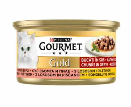 PISICI - PURINA Gourmet Gold Bucati Hrana Umeda Pisica Adult cu somon si pui 85g