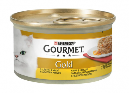 Pisica adulta - PURINA Gourmet Gold Savoury Cake, Pui cu Morcov, conservă hrană umedă pisici, (bucăți de carne), 85g