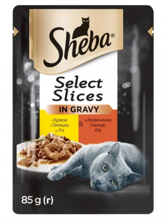 Hrana umeda pisici - Sheba Select Slices, Pui si Vita, plic hrană umedă pisici, în sos, 85g