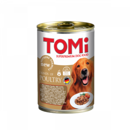 Hrana umeda caini - Tomi, Hrana umeda pentru caine adult, 3 feluri carne de pasare, conserva 400g