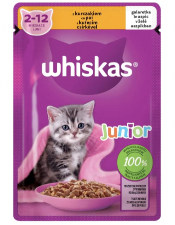PISICI - Whiskas Junior, plic hrană umedă pisici pui în aspic, 85g