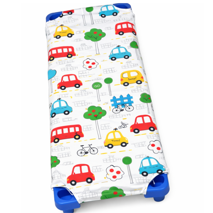 Cearsaf patut gradinita si cresa stivuibil bumbac 100% model masinute colorate [3]