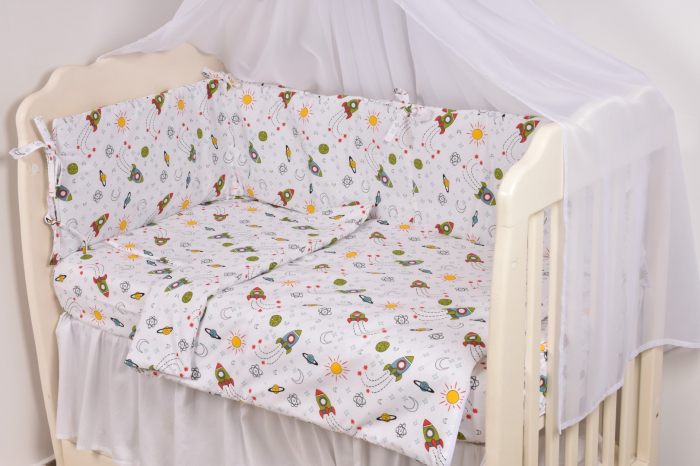 Lenjerie 3 piese model Rachete + Protectie impermeabila patut 120x60 cm [3]