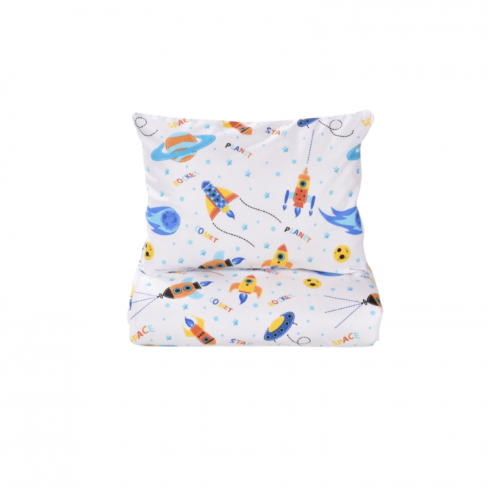 Lenjerie 3 piese model Planete si rachete + protectie impermeabila patut 120x60 cm [2]