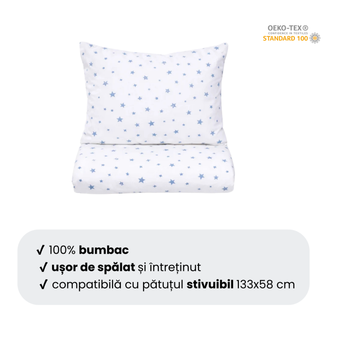 Lenjerie patut gradinita 3 piese patut stivuibil bumbac 100% model Stelute mici bleu [5]