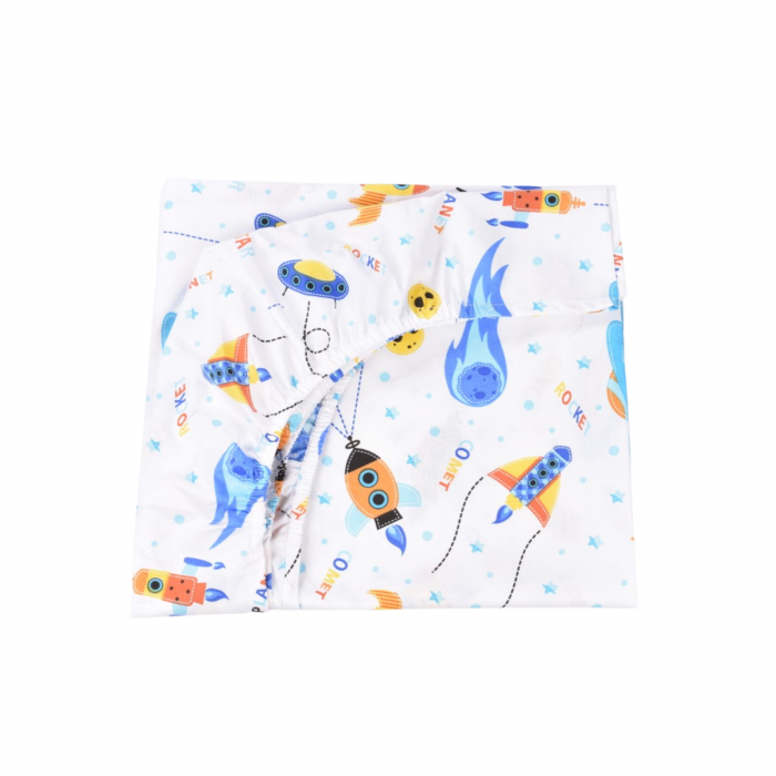 Set 3 cearsafuri bleu alb si model rachete si planete + protectie impermeabila patut 90x40/50 cm [5]