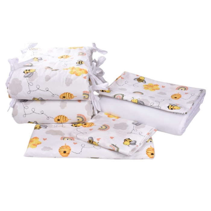 Set complet 10 piese lenjerie aparatori babynest paturica model albinute patut 120x60 cm [2]