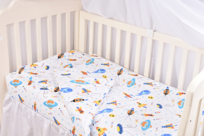 Set complet 7 piese lenjerie si aparatori patut 120x60 cm bumbac 100% model Rachete si Planete [2]