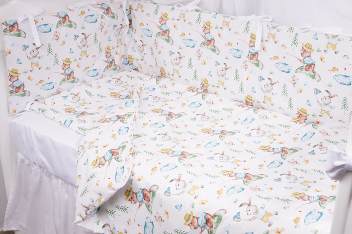 Set complet 7 piese lenjerie si aparatori patut 120x60 cm bumbac 100% model iepurasi galbeni [1]