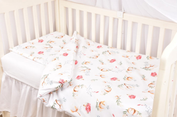 Set complet 7 piese lenjerie si aparatori patut 120x60 cm bumbac 100% model Flori de bumbac [2]