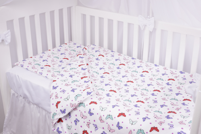 Set complet 7 piese lenjerie si aparatori patut 120x60 cm bumbac 100% model fluturasi multicolori [2]