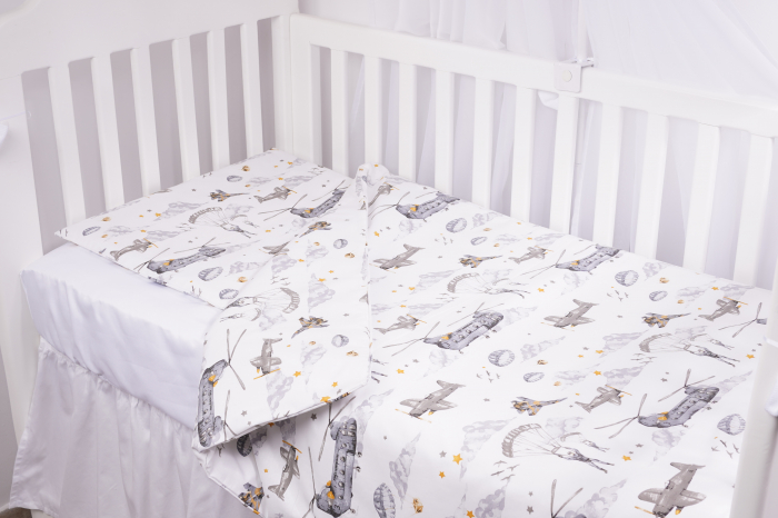 Set complet 7 piese lenjerie si aparatori patut 120x60 cm bumbac 100% model soldatei gri [3]