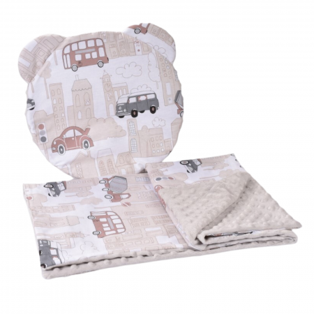 Lenjerie 2 piese cosulet si landou model dinozauri si plus bleuLenjerie 2 piese cosulet si landou model masinute si plus gri [0]