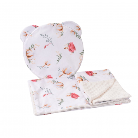 Lenjerii patut 3 piese - Lenjerie 2 piese cosulet si landou model flori de bumbac si plus crem