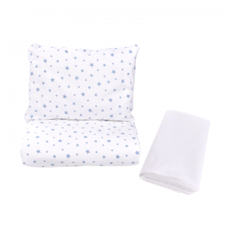 Lenjerie Patut Bebe - Lenjerie 3 piese model Stelute bleu + Protectie impermeabila patut 120x60 cm