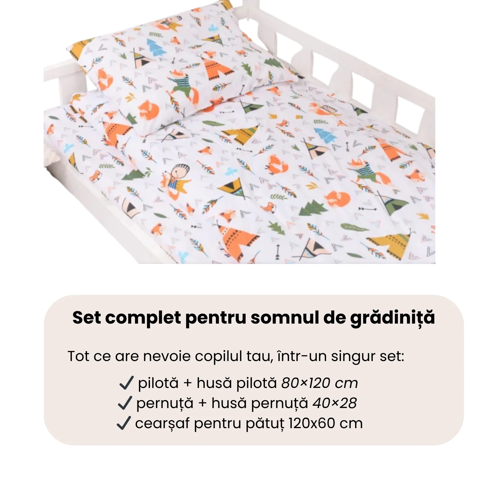 Lenjerie 5 piese patut 120x60 cm bumbac 100% model animalute si ciuperci [1]