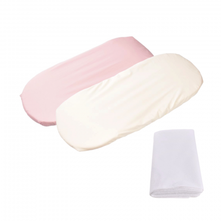Pentru copii - Set 2 cearsafuri cosulet si landou 72x30 cm bumbac 100% crem/ roz + protectie impermeabila